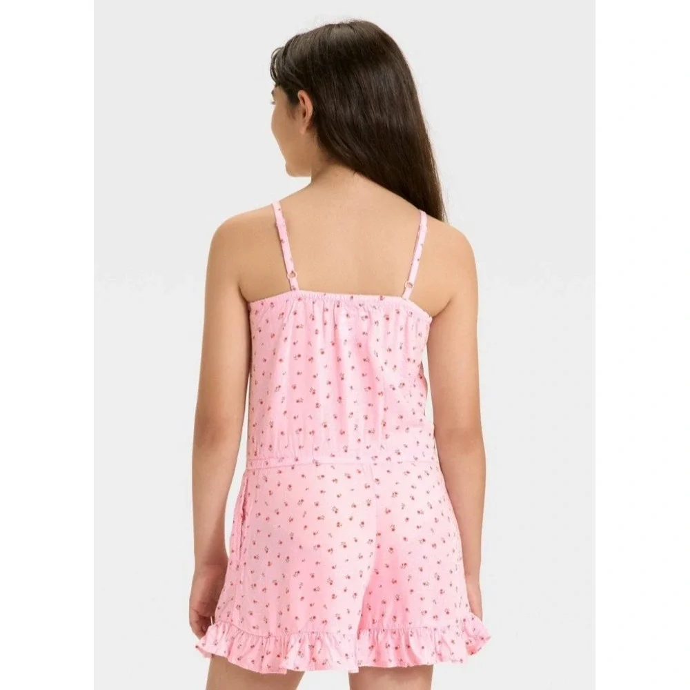 Cat And Jack Romper Girls XL 14 floral pink Ruffle Stretch Sleeveless